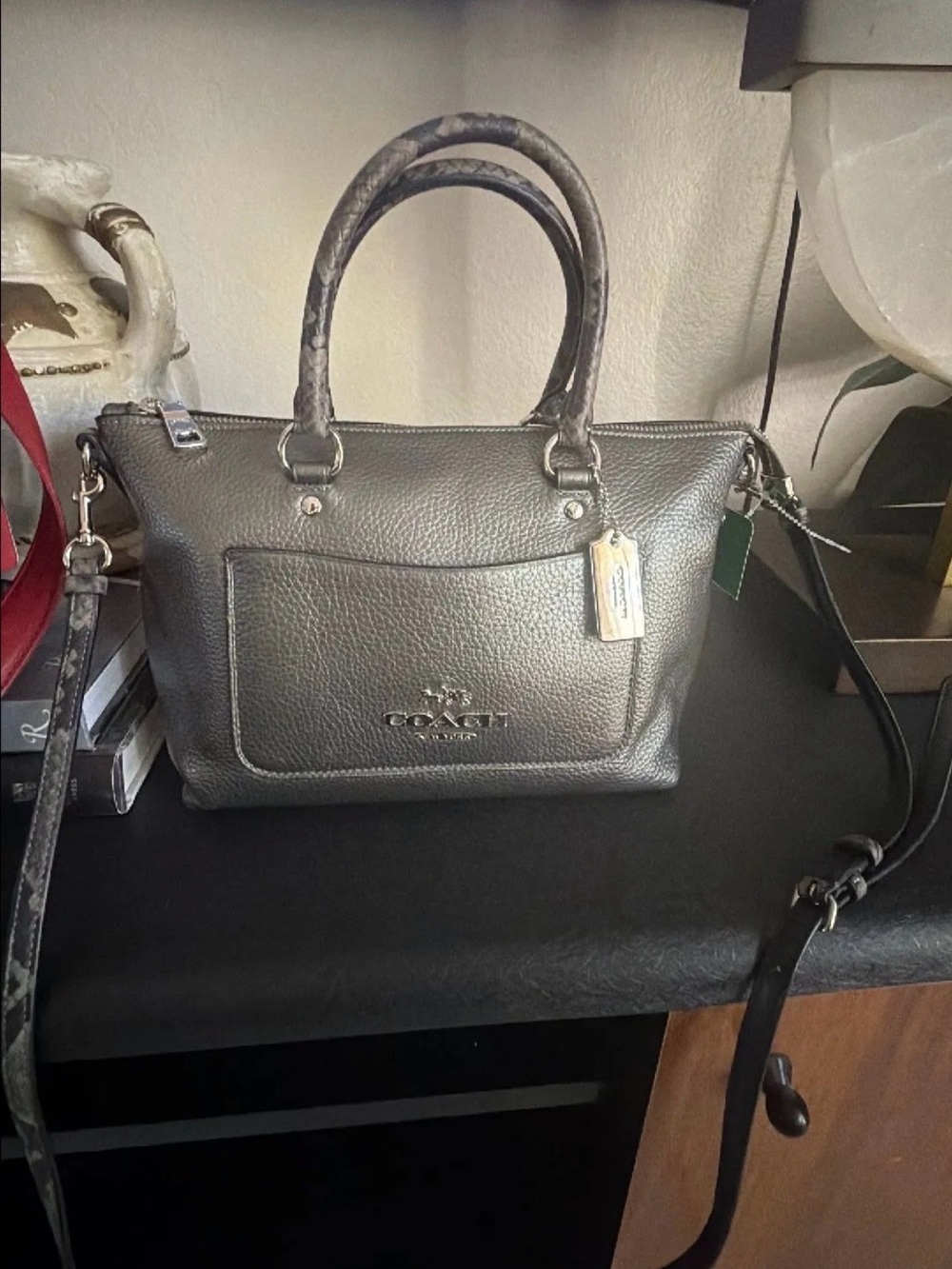Coach Metallic Pewter Pebbled Leather Satchel - Coach
